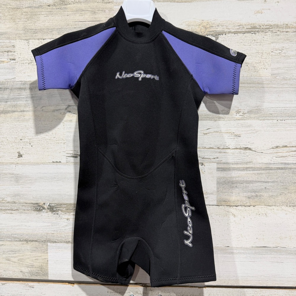 NeoSport Wetsuit Kids Size 8 Black Purple Shorty Spring Suit Surfing EUC